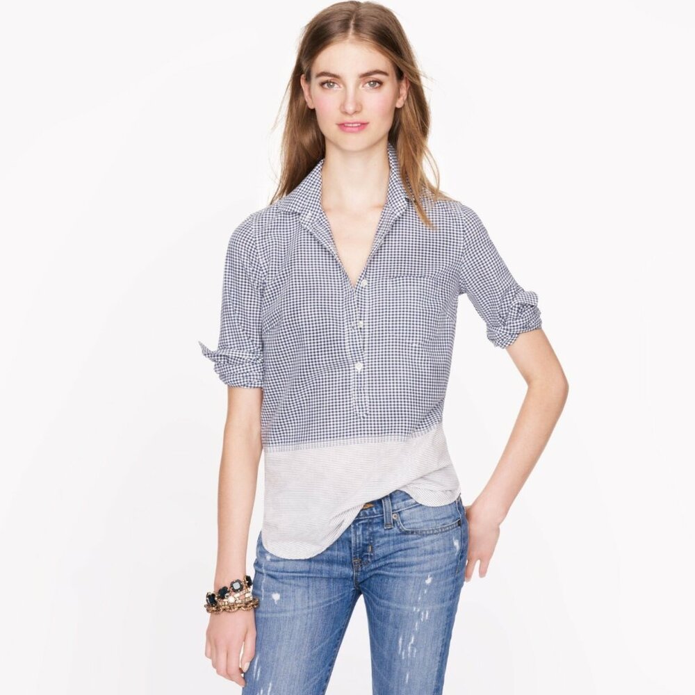 J. Crew Mixed Gingham and Stripe Woven Popover Shirt
